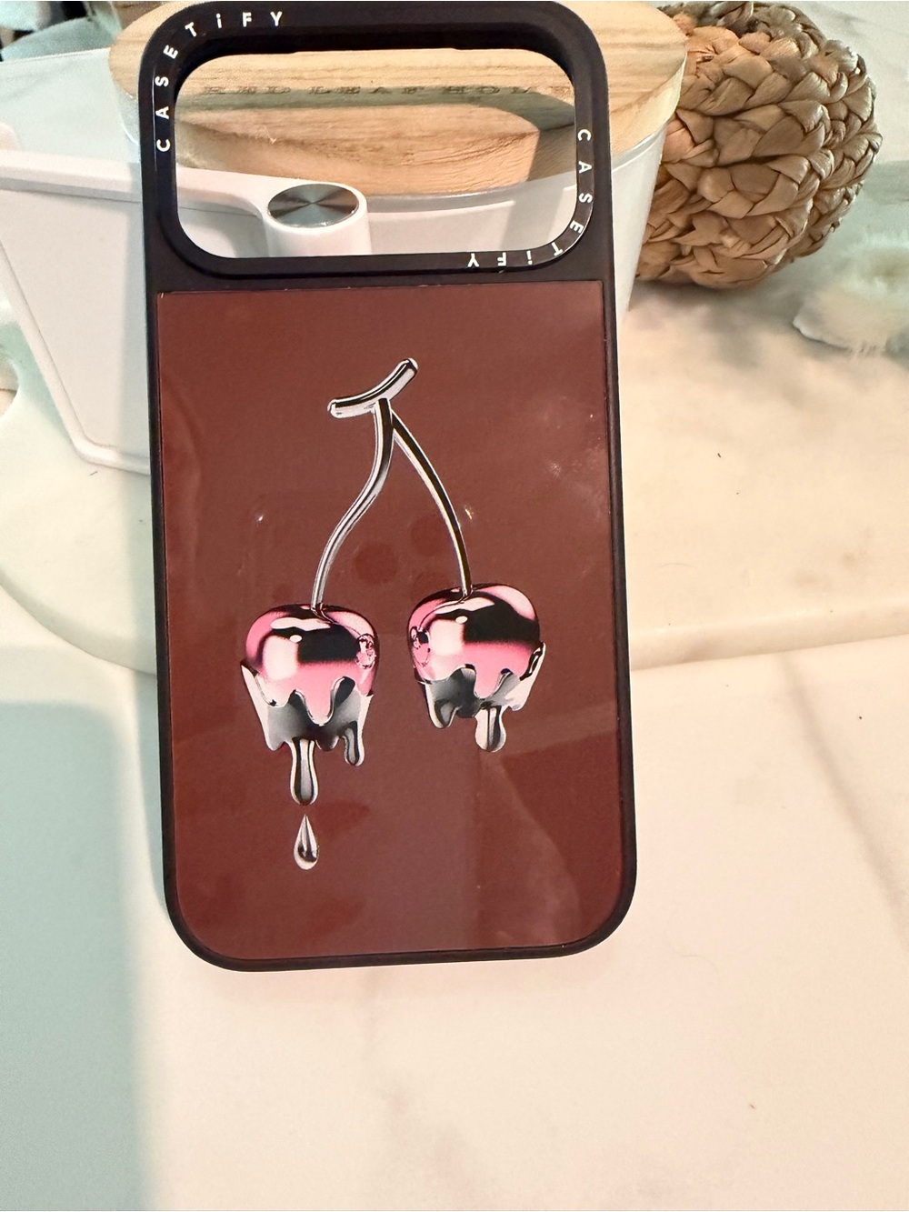 CASETiFY Brown Chrome Phone Case with Pink Metallic Drip Cherry Design